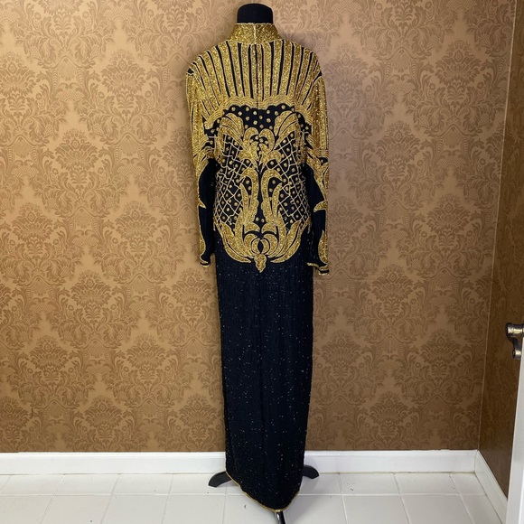 Vintage 70s 80s Beaded Sequin Gold Disco Maxi Cocktail Dress Pageant Gown - Picture 4 of 16